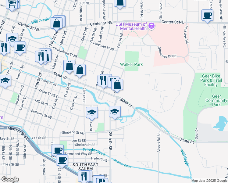 map of restaurants, bars, coffee shops, grocery stores, and more near 2450 State Street in Salem