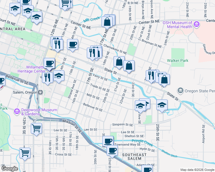map of restaurants, bars, coffee shops, grocery stores, and more near 2015 Trade Street Southeast in Salem