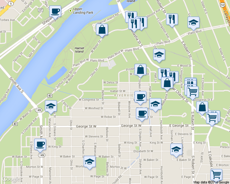 map of restaurants, bars, coffee shops, grocery stores, and more near 137 Congress Street West in Saint Paul