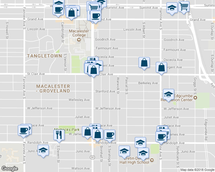 map of restaurants, bars, coffee shops, grocery stores, and more near 297 South Saratoga Street in Saint Paul