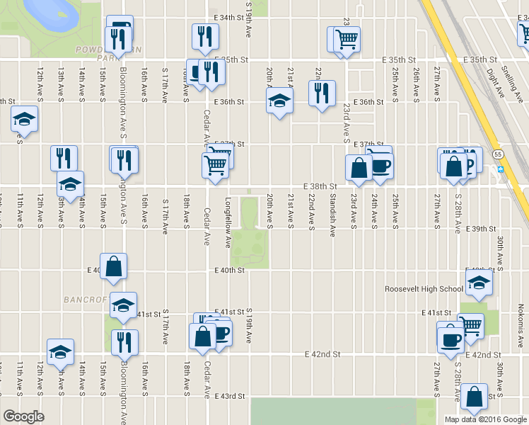 map of restaurants, bars, coffee shops, grocery stores, and more near 1900 East 39th Street in Minneapolis