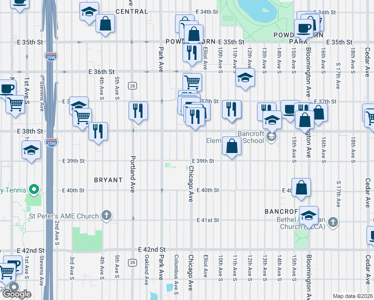 map of restaurants, bars, coffee shops, grocery stores, and more near 3856 Chicago Avenue in Minneapolis