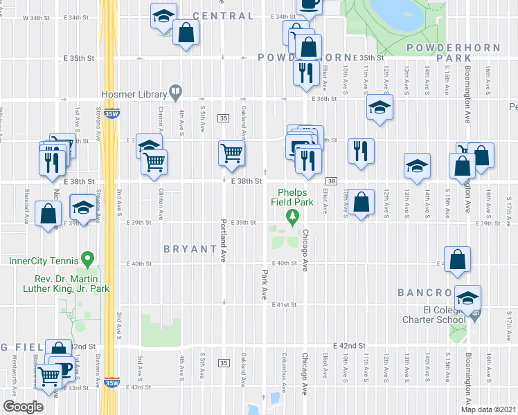 map of restaurants, bars, coffee shops, grocery stores, and more near 3852 Park Avenue in Minneapolis