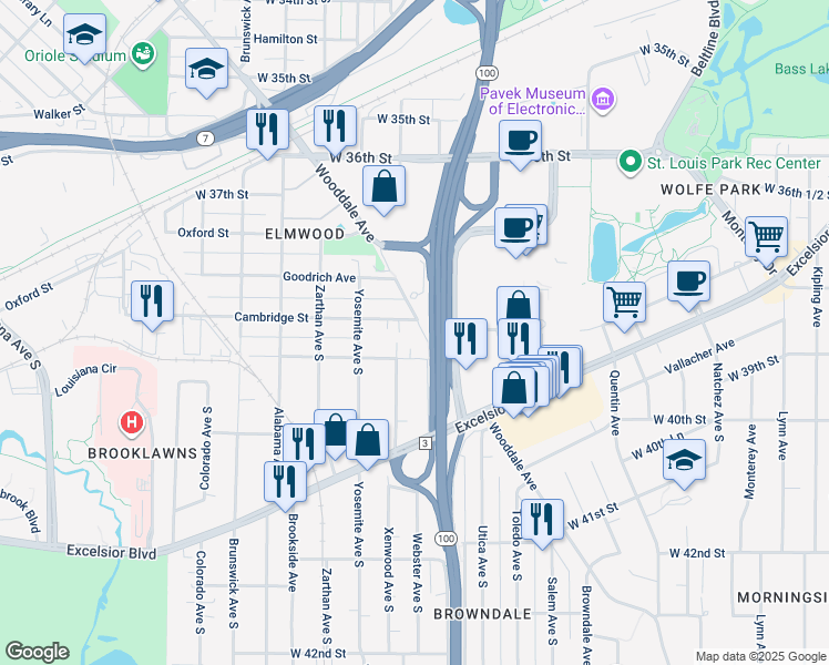 map of restaurants, bars, coffee shops, grocery stores, and more near 5624 West 39th Street in Minneapolis
