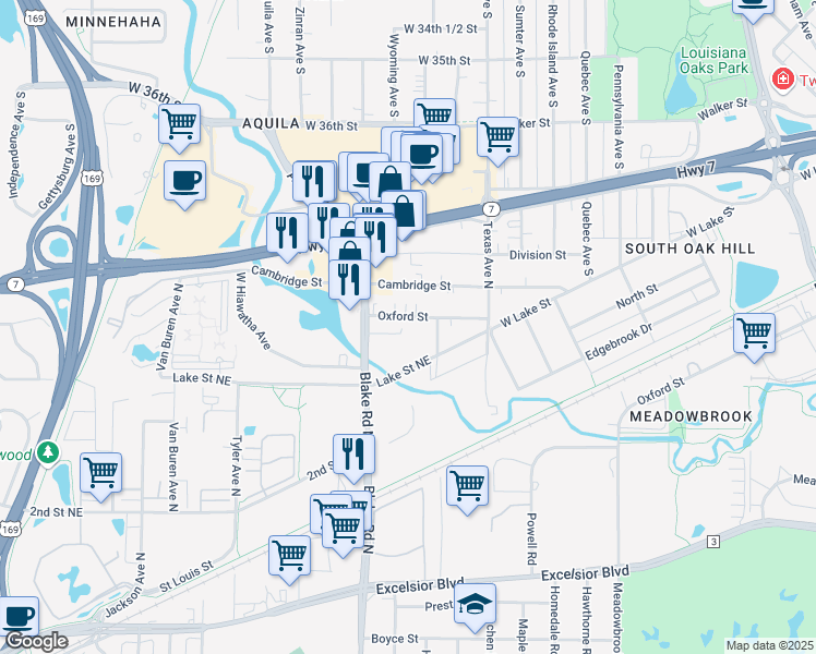 map of restaurants, bars, coffee shops, grocery stores, and more near 1317 West Lake Street in Hopkins