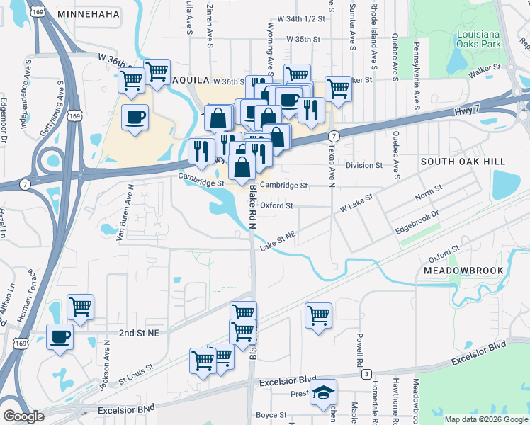 map of restaurants, bars, coffee shops, grocery stores, and more near 431 Blake Road North in Hopkins