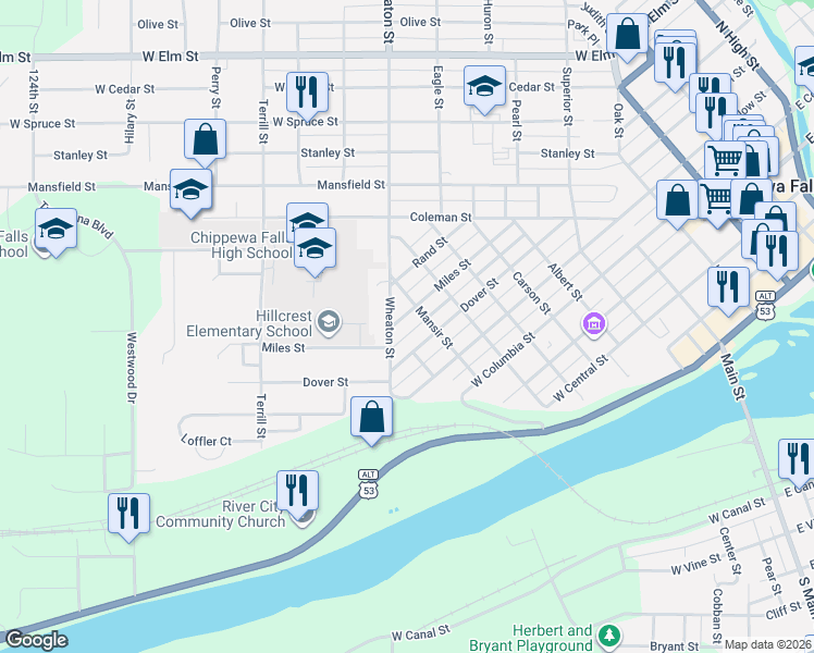 map of restaurants, bars, coffee shops, grocery stores, and more near 922 Dover Street in Chippewa Falls