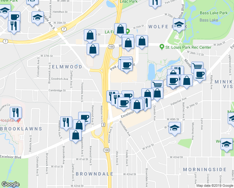 map of restaurants, bars, coffee shops, grocery stores, and more near 5499 Auto Club Way in Saint Louis Park