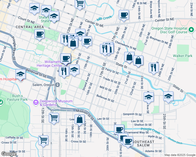 map of restaurants, bars, coffee shops, grocery stores, and more near 380-386 17th Street Northeast in Salem