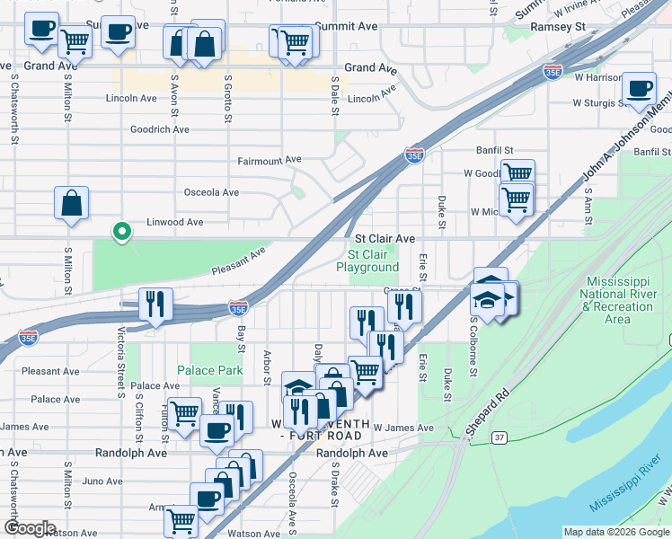 map of restaurants, bars, coffee shops, grocery stores, and more near 260 Osceola Avenue South in Saint Paul