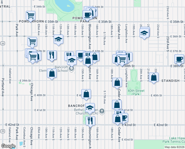 map of restaurants, bars, coffee shops, grocery stores, and more near 3849 Bloomington Avenue in Minneapolis