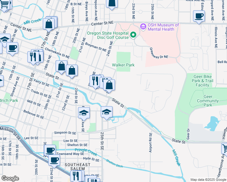 map of restaurants, bars, coffee shops, grocery stores, and more near 2595 State Street in Salem
