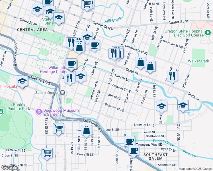 map of restaurants, bars, coffee shops, grocery stores, and more near 380-386 17th Street Northeast in Salem