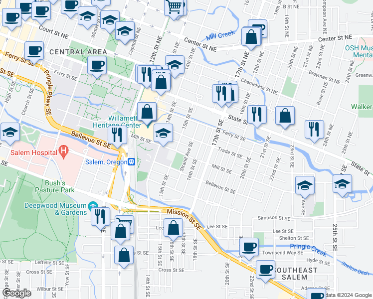 map of restaurants, bars, coffee shops, grocery stores, and more near 1562 Mill Street Southeast in Salem