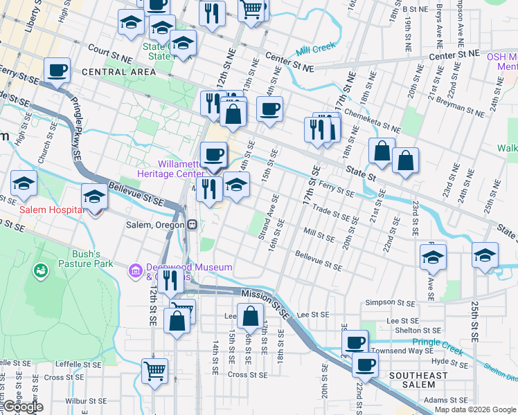 map of restaurants, bars, coffee shops, grocery stores, and more near 1562 Mill Street Southeast in Salem