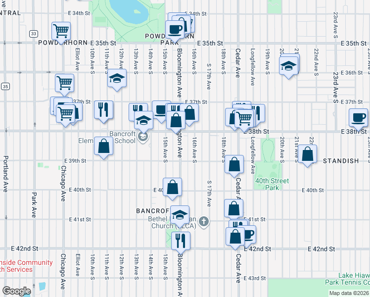 map of restaurants, bars, coffee shops, grocery stores, and more near 3849 Bloomington Avenue in Minneapolis