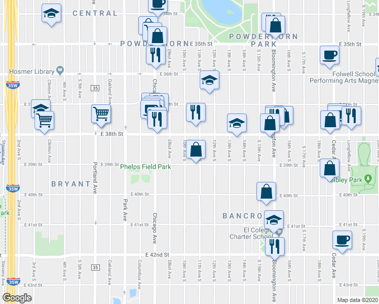 map of restaurants, bars, coffee shops, grocery stores, and more near 3855 10th Avenue South in Minneapolis