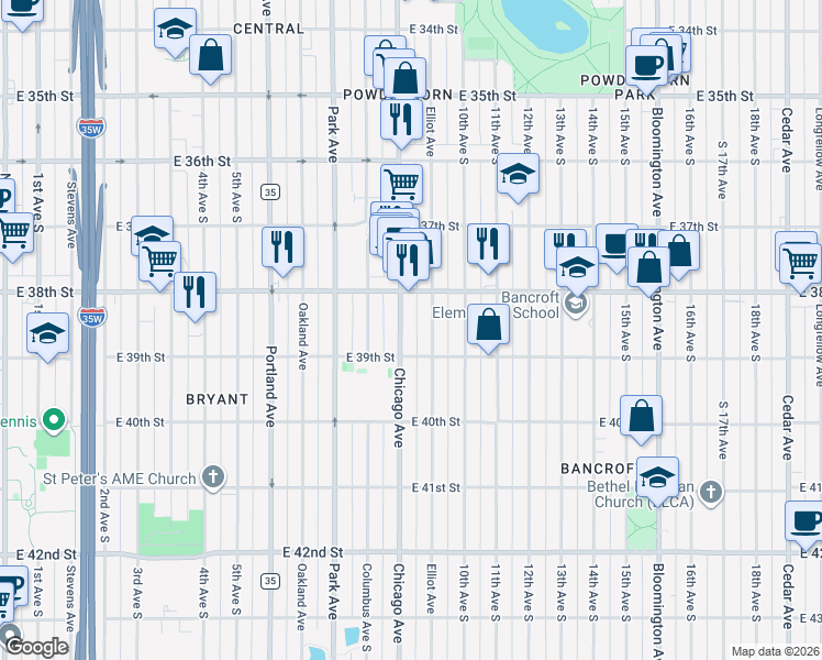 map of restaurants, bars, coffee shops, grocery stores, and more near in Minneapolis