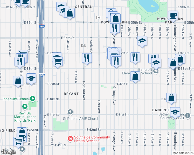 map of restaurants, bars, coffee shops, grocery stores, and more near 3852 Park Avenue in Minneapolis