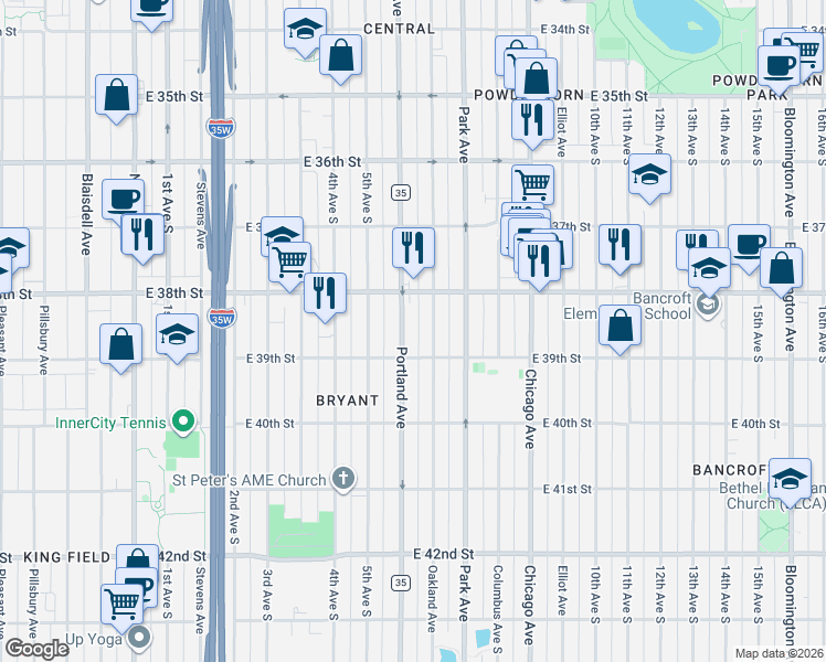 map of restaurants, bars, coffee shops, grocery stores, and more near 3853 Portland Avenue in Minneapolis