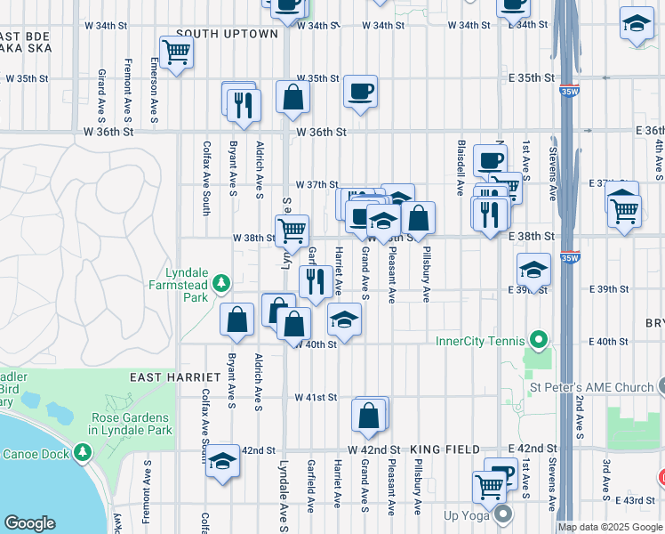 map of restaurants, bars, coffee shops, grocery stores, and more near 514 West 39th Street in Minneapolis