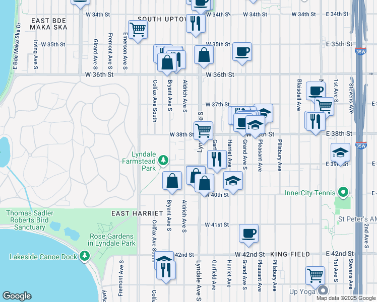 map of restaurants, bars, coffee shops, grocery stores, and more near 3849 Aldrich Avenue South in Minneapolis