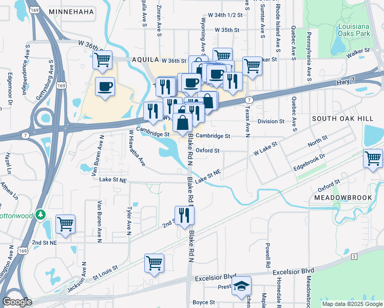map of restaurants, bars, coffee shops, grocery stores, and more near 431 Blake Road North in Hopkins