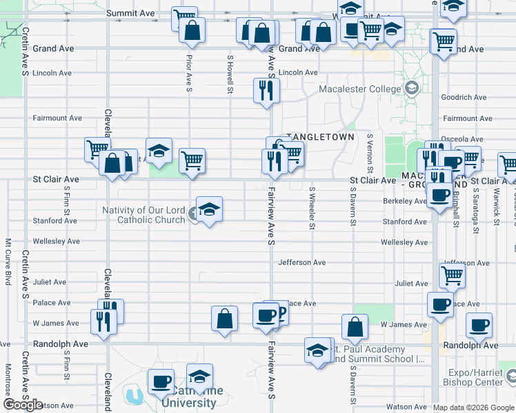 map of restaurants, bars, coffee shops, grocery stores, and more near 1845 Stanford Avenue in Saint Paul