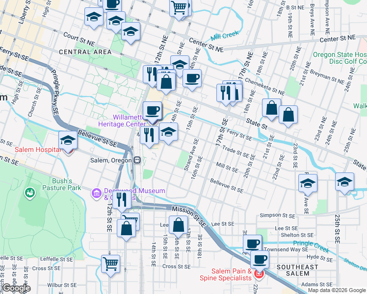 map of restaurants, bars, coffee shops, grocery stores, and more near 1562 Mill Street Southeast in Salem