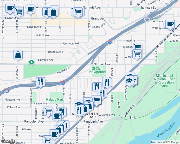 map of restaurants, bars, coffee shops, grocery stores, and more near 260 Osceola Avenue South in Saint Paul