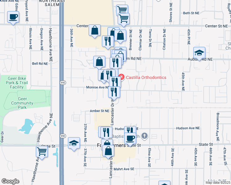 map of restaurants, bars, coffee shops, grocery stores, and more near 340 Lancaster Drive Northeast in Salem