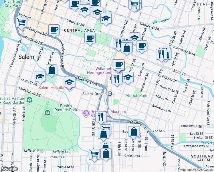 map of restaurants, bars, coffee shops, grocery stores, and more near 13th Street Southeast in Salem