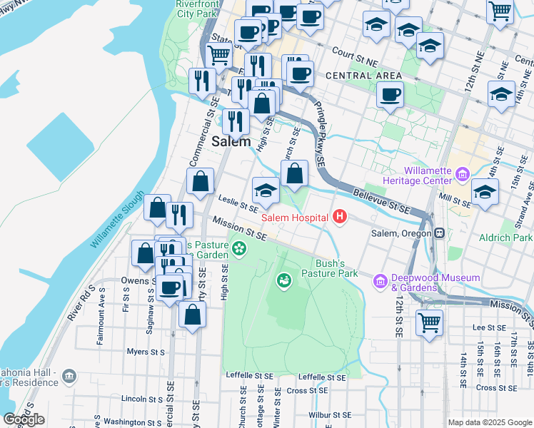 map of restaurants, bars, coffee shops, grocery stores, and more near 700 Church Street Southeast in Salem