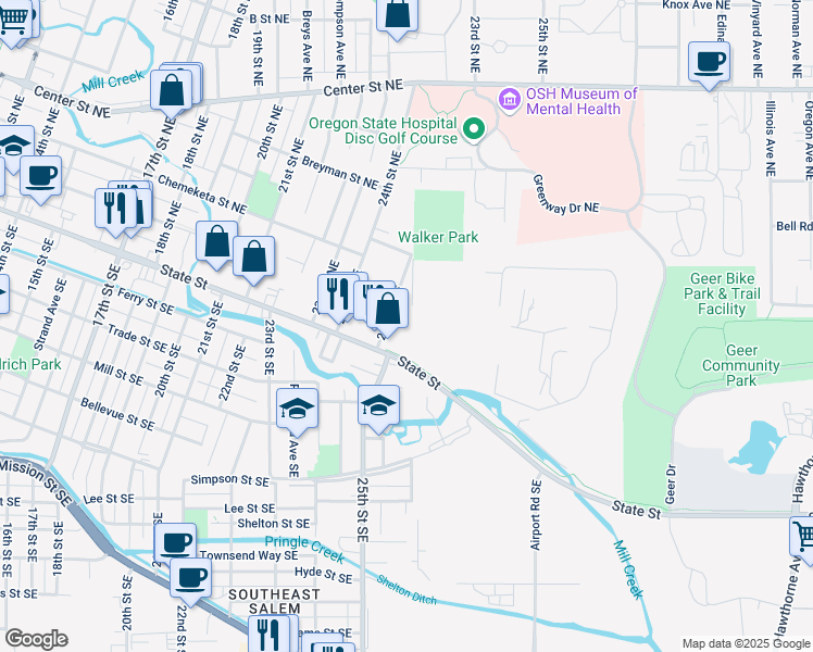 map of restaurants, bars, coffee shops, grocery stores, and more near 2595 State Street in Salem