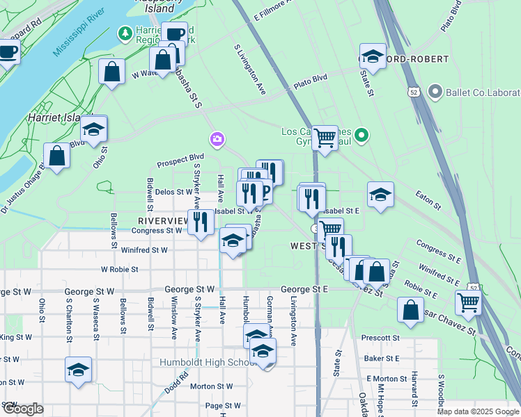 map of restaurants, bars, coffee shops, grocery stores, and more near 440 Wabasha Street South in Saint Paul