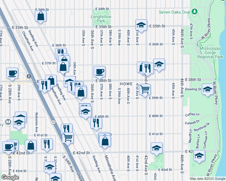 map of restaurants, bars, coffee shops, grocery stores, and more near 3859 East 39th Street in Minneapolis