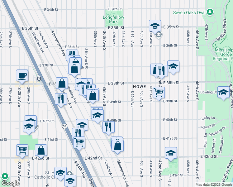 map of restaurants, bars, coffee shops, grocery stores, and more near 3857 37th Avenue South in Minneapolis