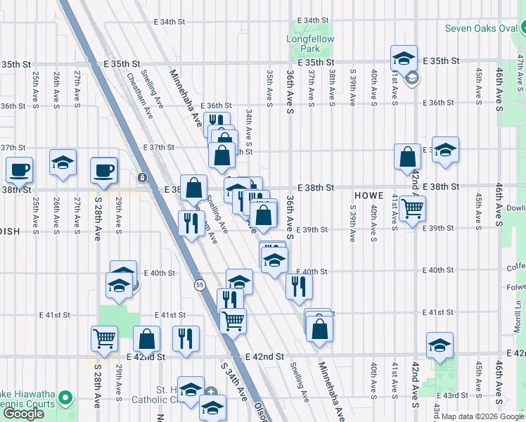 map of restaurants, bars, coffee shops, grocery stores, and more near 3854 35th Avenue South in Minneapolis