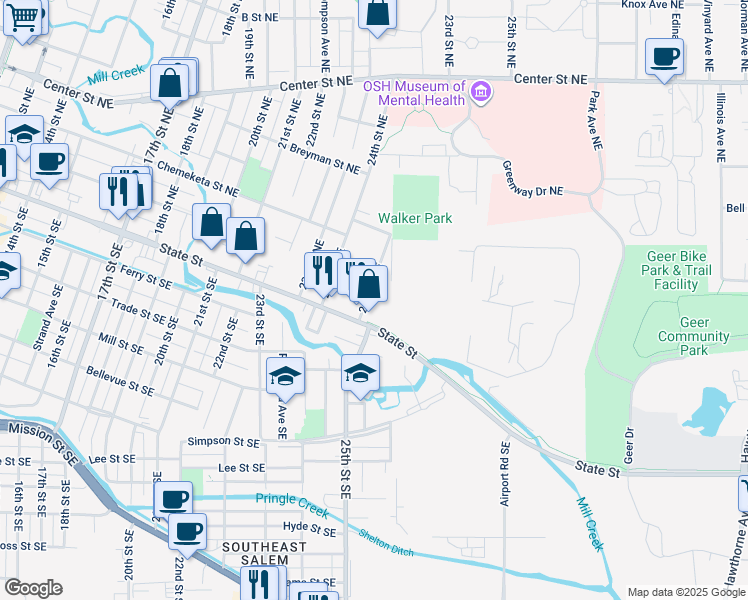 map of restaurants, bars, coffee shops, grocery stores, and more near 154 25th Street Northeast in Salem