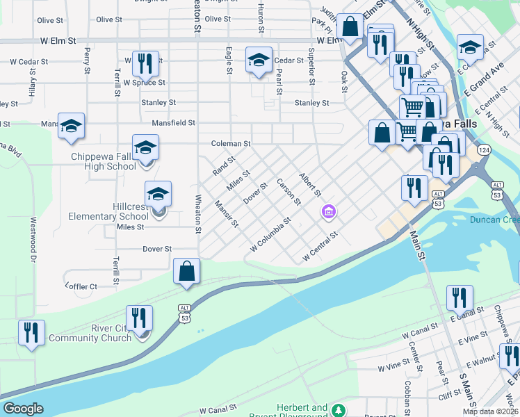 map of restaurants, bars, coffee shops, grocery stores, and more near 805 West Willow Street in Chippewa Falls