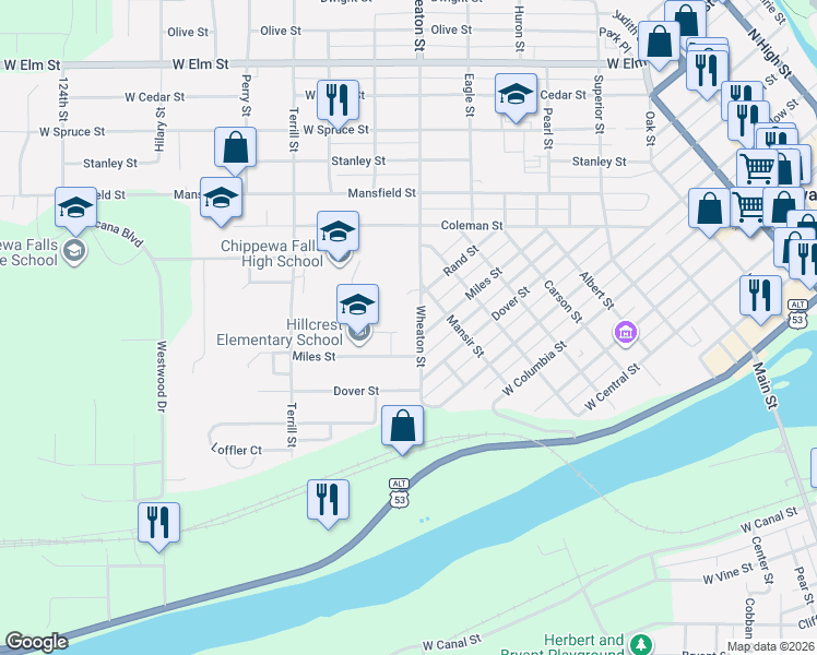 map of restaurants, bars, coffee shops, grocery stores, and more near 220 Wheaton Street in Chippewa Falls