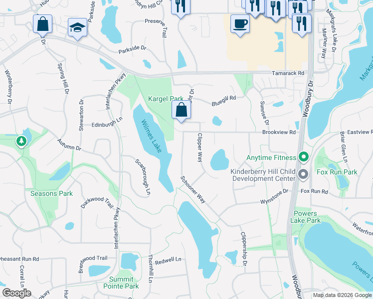 map of restaurants, bars, coffee shops, grocery stores, and more near 1121 Schooner Way in Woodbury