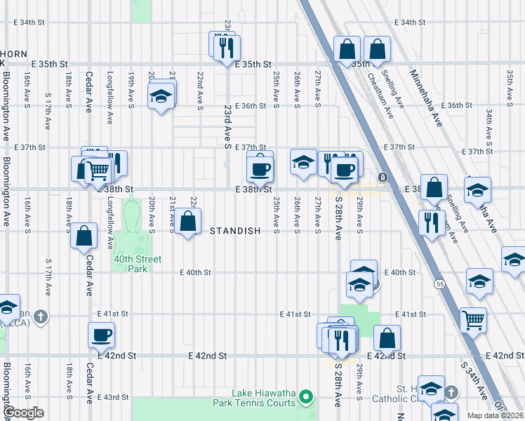 map of restaurants, bars, coffee shops, grocery stores, and more near 3857 24th Avenue South in Minneapolis