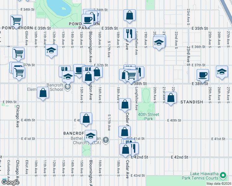 map of restaurants, bars, coffee shops, grocery stores, and more near 3848 18th Avenue South in Minneapolis