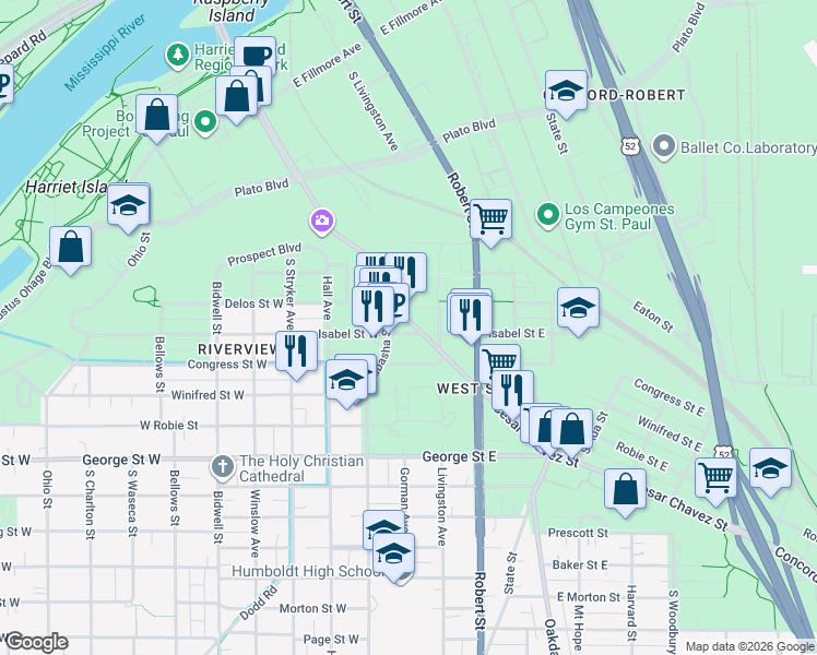 map of restaurants, bars, coffee shops, grocery stores, and more near 37 Isabel Street East in Saint Paul
