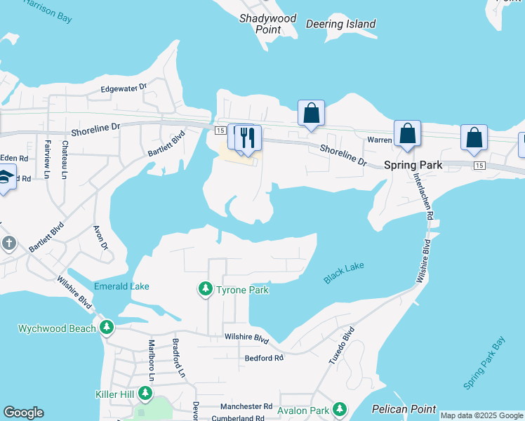map of restaurants, bars, coffee shops, grocery stores, and more near 2450 Island Drive in Spring Park
