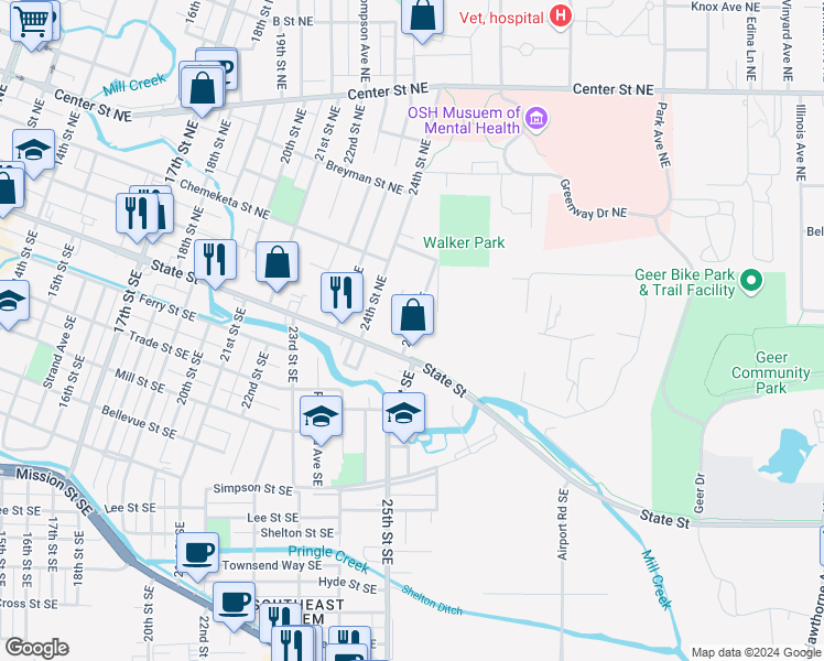 map of restaurants, bars, coffee shops, grocery stores, and more near 144 25th Street Northeast in Salem