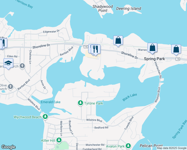 map of restaurants, bars, coffee shops, grocery stores, and more near 2450 Island Drive in Spring Park