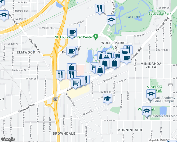 map of restaurants, bars, coffee shops, grocery stores, and more near 4820 Park Commons Drive in Minneapolis