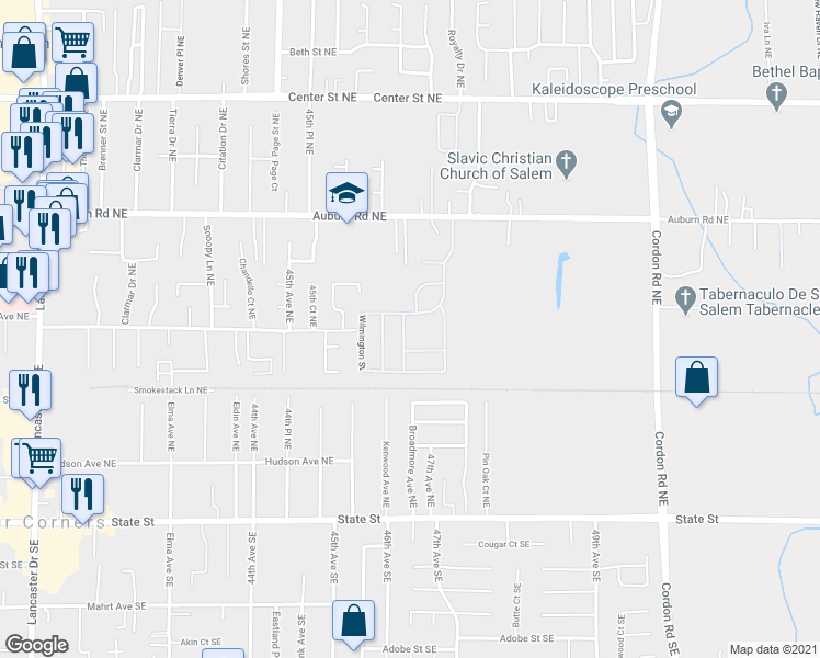map of restaurants, bars, coffee shops, grocery stores, and more near 482 Kay Lynn Way Northeast in Salem